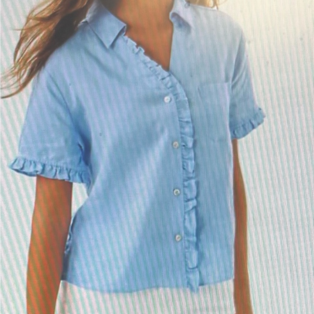 Lilly Pulitzer Carden Ruffle Top Light Blue Linen Blouse